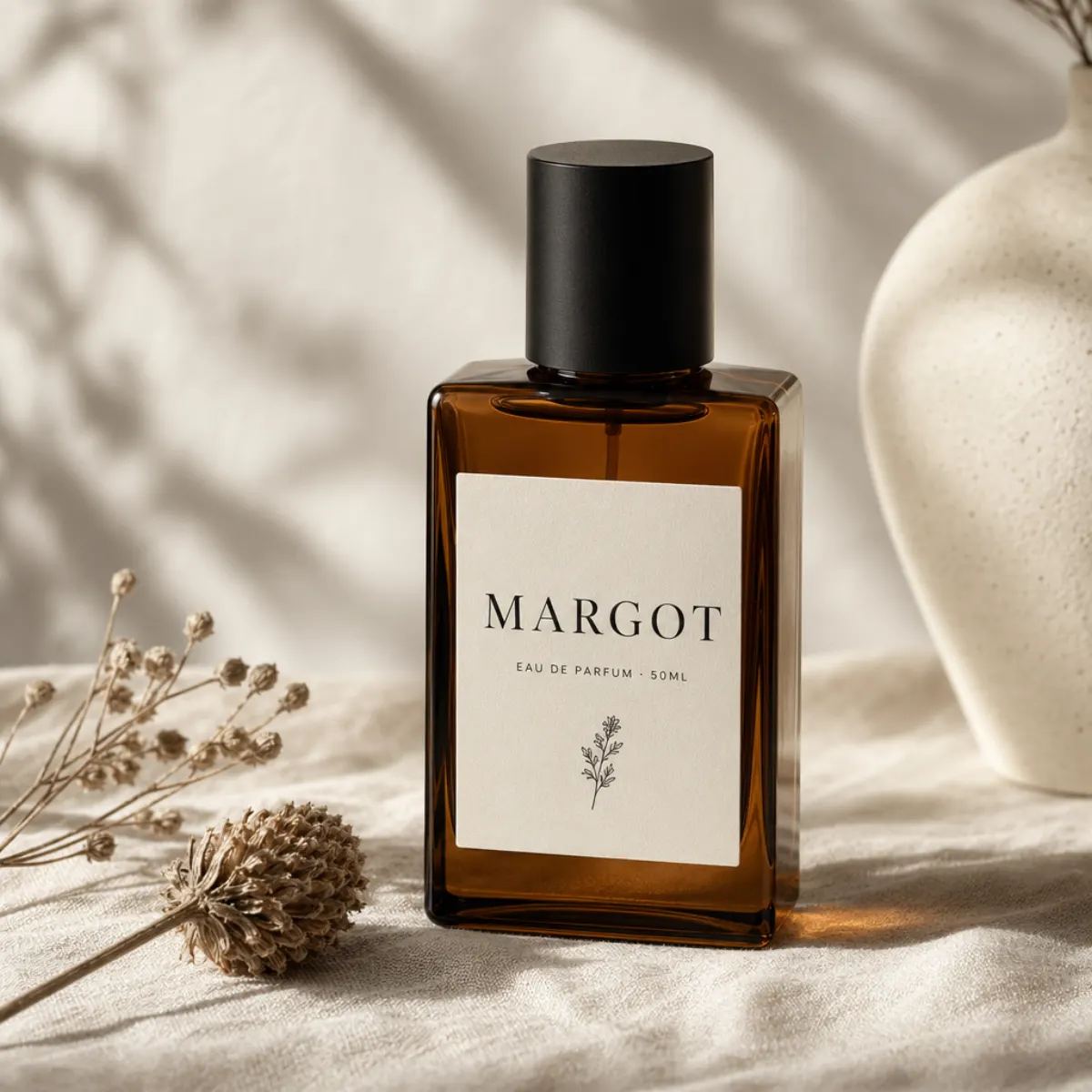 product mockups · fragrance label · serif wordmark + botanical, before any print proof