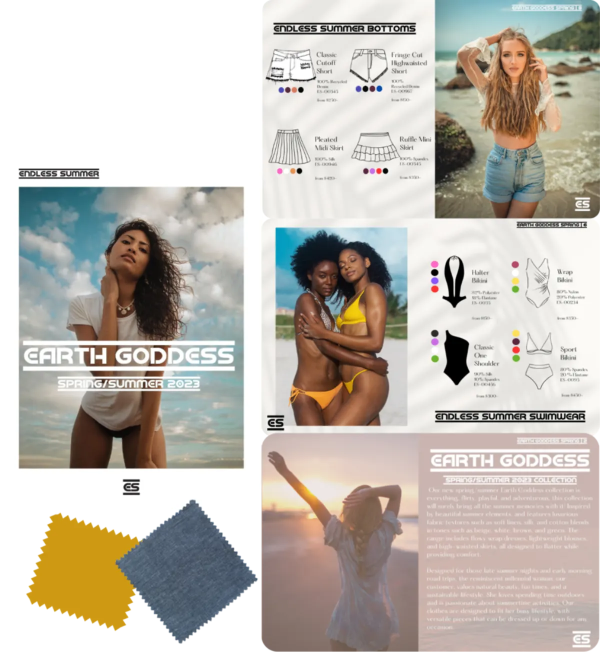 Earth Goddess Spring/Summer 2023 campaign deck. model portraits, swimwear lookbook spreads, technical flats, and color palette