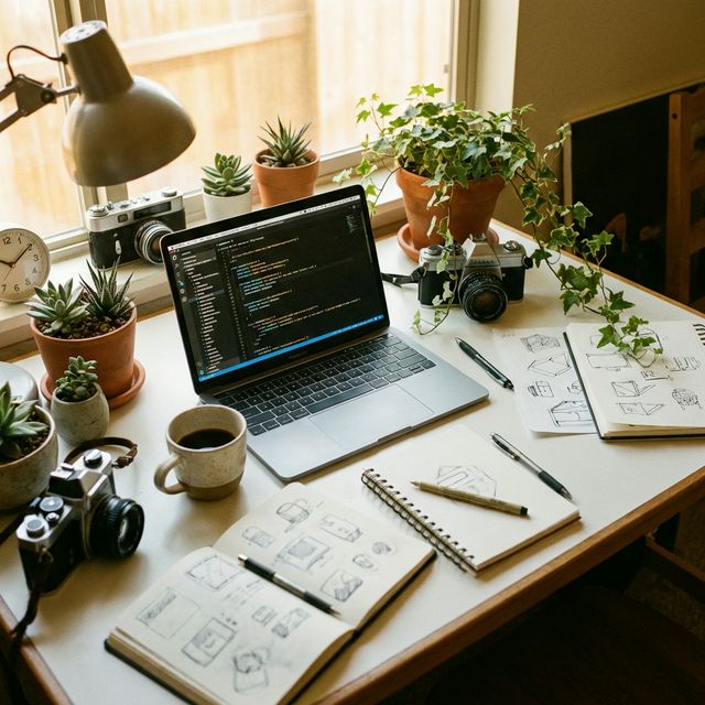 Clean editorial office vibe